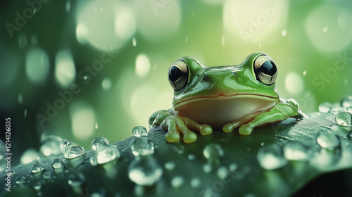 National Frog Month, close-up of a small green frog sitting on a wide leaf with water droplets around it, Ai generated images photo