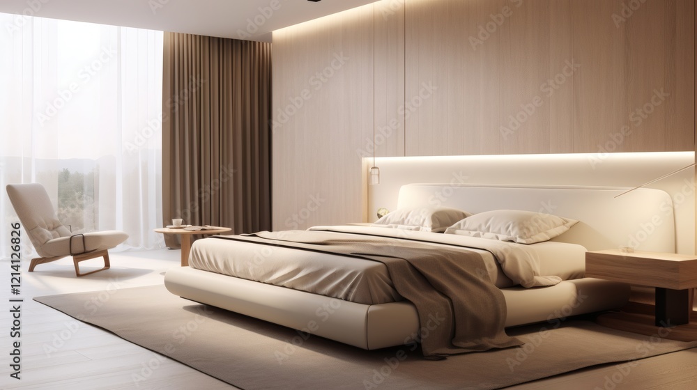 Fototapeta premium Modern bedroom design with natural light and minimalistic decor creates a serene retreat for relaxation and comfort
