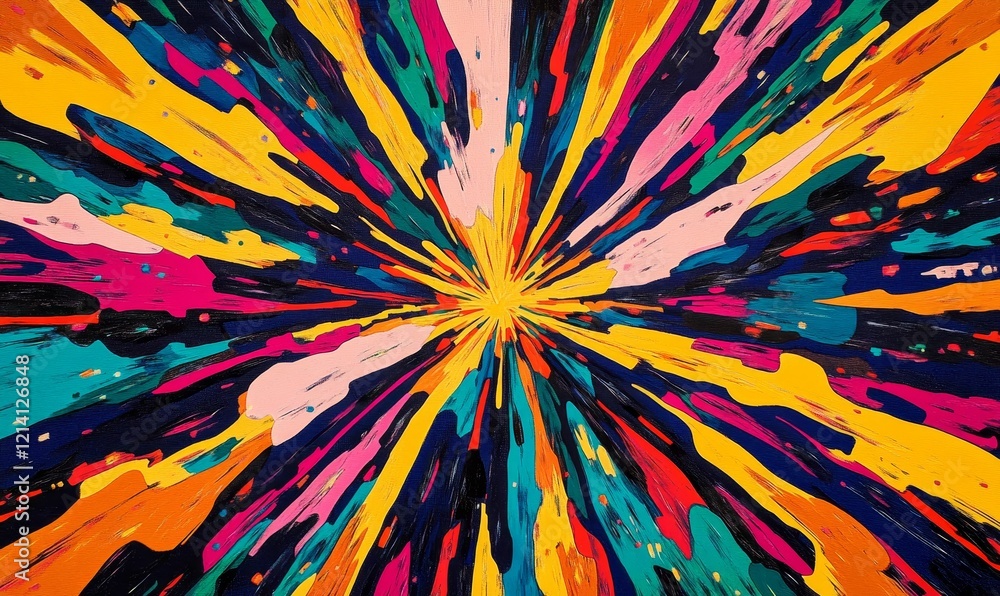 Bright, radial, splattered paint strokes from central point. Bright, radial, splattered paint strokes from central point.