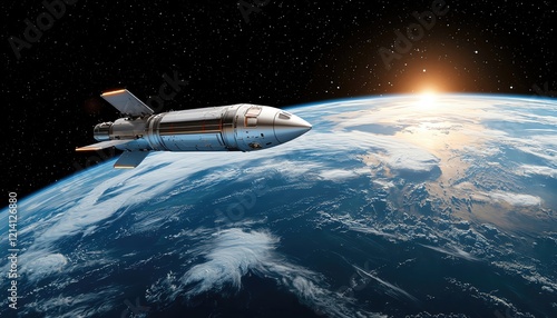 Space background illustration. Texture with a playful illustration of a spaceship orbiting Earth