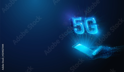 Abstract illustration of low poly 5g wireless mobile network smartphone in hand. Blue geometric background depicting 5th generation communication hardware technology concept by wireframe mesh
