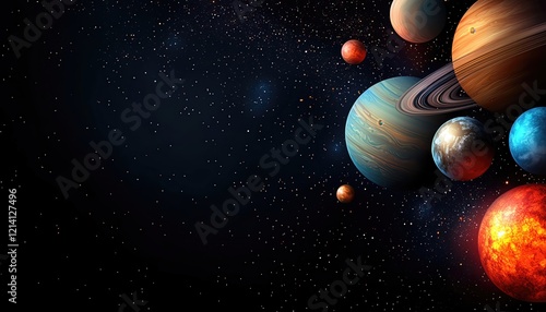 Space background illustration. Background with illustrated outer space filled with colorful planets and stars