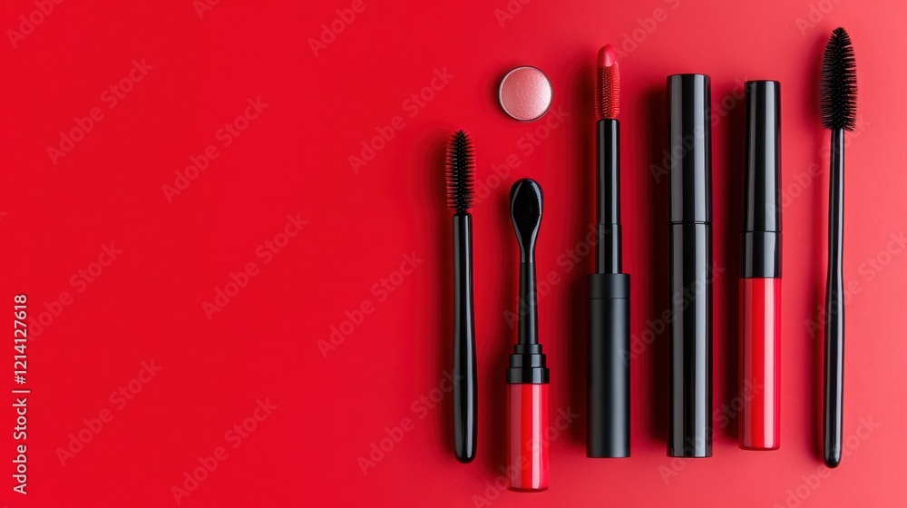 A set of high-end cosmetic products placed symmetrically on a sleek color background A set of high-end cosmetic products placed symmetrically on a sleek color background