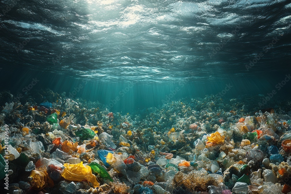 Naklejka premium Underwater landscape filled with plastic waste showing the impact of pollution on marine life