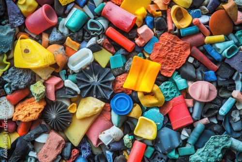 Colorful collection of plastic waste pieces representing environmental pollution and recycling efforts photo