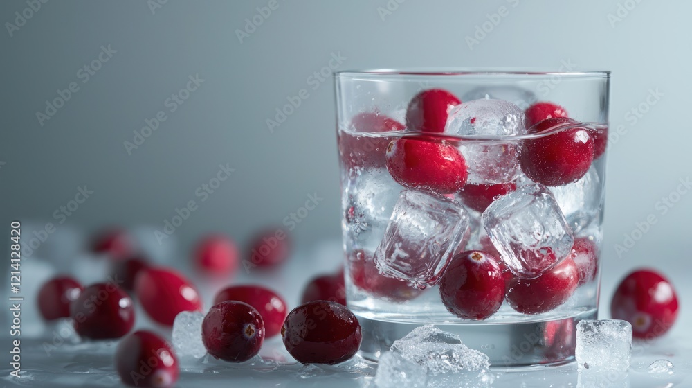 Fresh cranberries floating in a glass of water with ice cubes, creating a refreshing look Fresh cranberries floating in a glass of water with ice cubes, creating a refreshing look