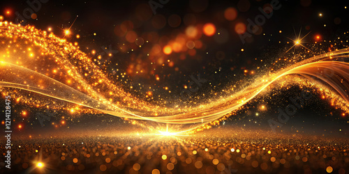 A stunning golden wave glistens with bright particles against a dark backdrop  evoking a sense of magic and wonder. This enchanting display captivates viewers with its ethereal beauty