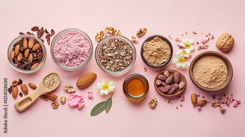 A set of natural beauty oils and scrubs arranged neatly on a minimalist color background A set of natural beauty oils and scrubs arranged neatly on a minimalist color background