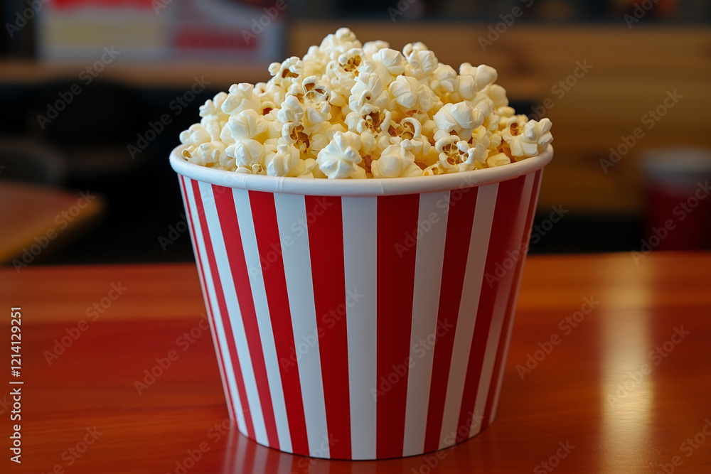red and white popcorn bucket filled with popcorn. Concept of fun and relaxation, as popcorn is often associated with movie nights and leisurely activities red and white popcorn bucket filled with popcorn. Concept of fun and relaxation, as popcorn is often associated with movie nights and leisurely activities