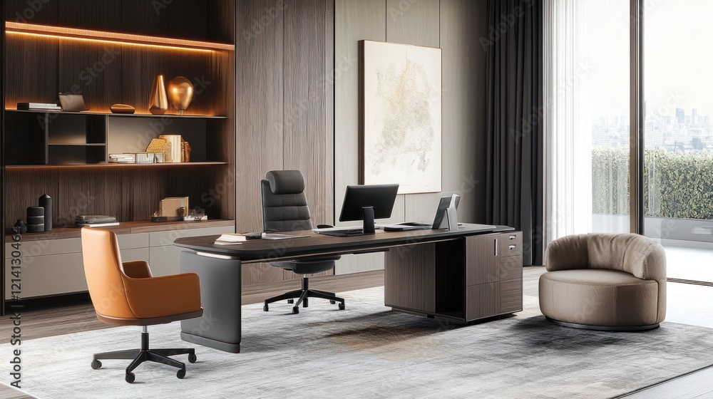 Modern executive office suite, city view, luxury desk Modern executive office suite, city view, luxury desk