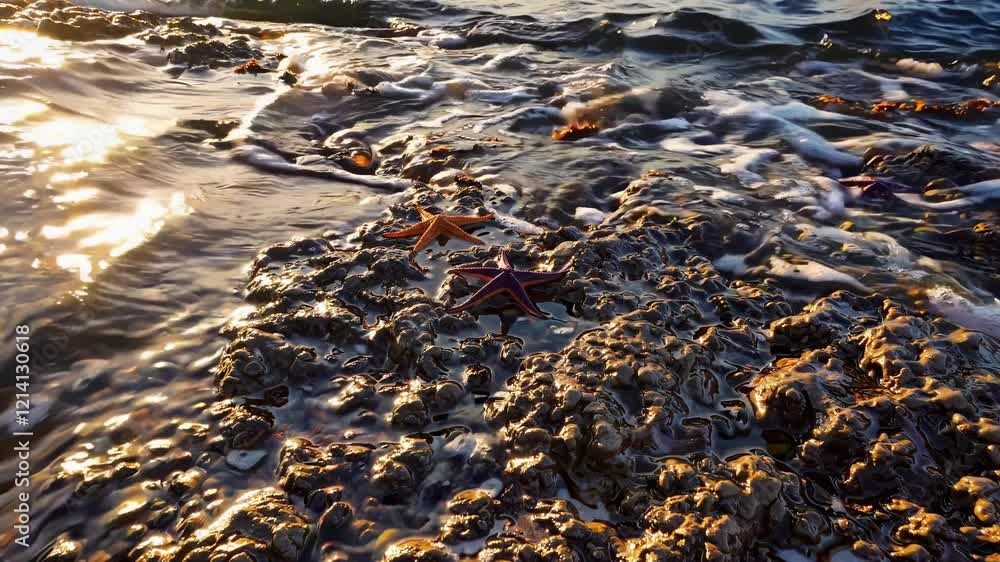 Starfish explore rocky tide pools at sunset near the ocean shoreline Starfish explore rocky tide pools at sunset near the ocean shoreline