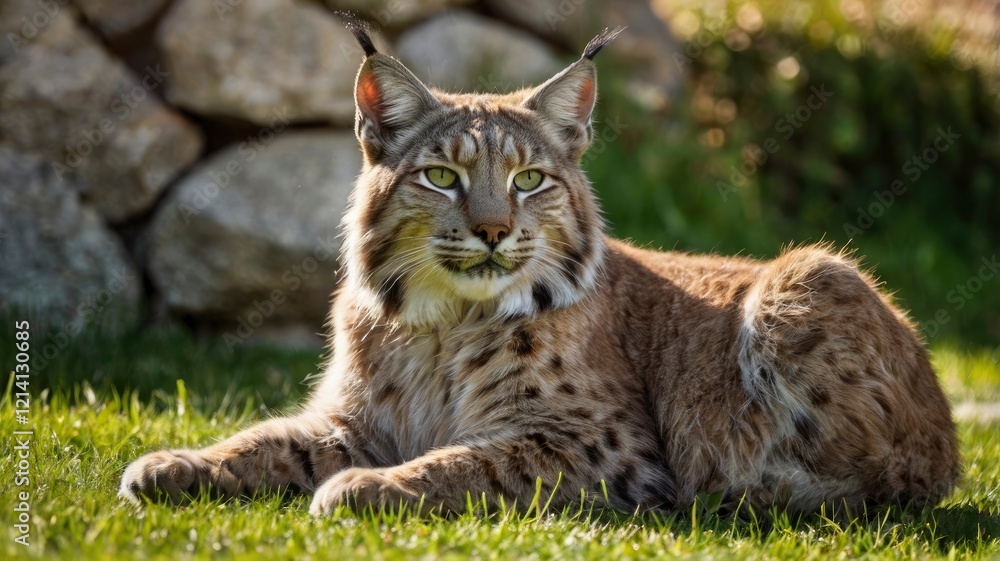 The fierce Alpine Lynx cat is sitting relaxed on the green grass under the blazing hot sun The fierce Alpine Lynx cat is sitting relaxed on the green grass under the blazing hot sun