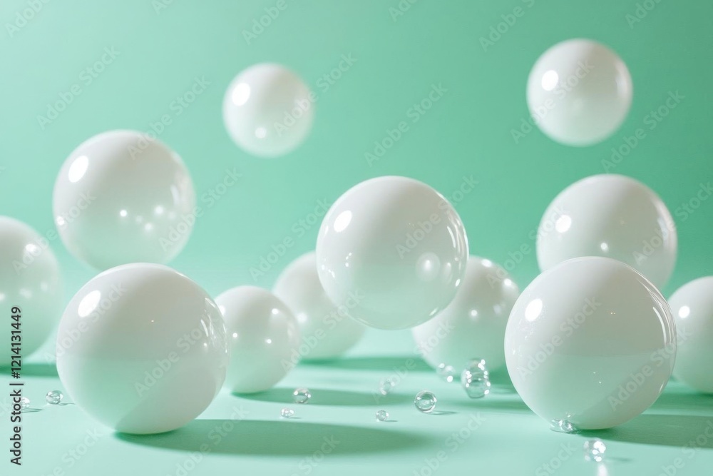 Fototapeta premium White balls on a green background with water drops. 3D rendering