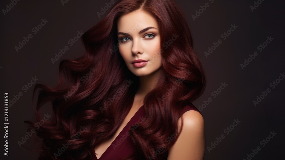 Portrait of a woman with long, luxurious wavy red hair posing against a dark background in a professional studio setting Portrait of a woman with long, luxurious wavy red hair posing against a dark background in a professional studio setting
