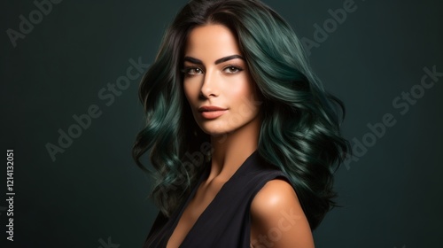 Young woman with long green hair posing elegantly against a dark background