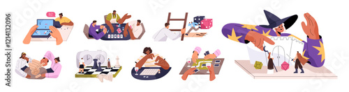 Set of board games. Happy people have fun, play different boardgames: cards, chess, dice, dungeon and dragons, ladders and snakes, poker, jigsaw. Flat isolated vector illustrations on white background