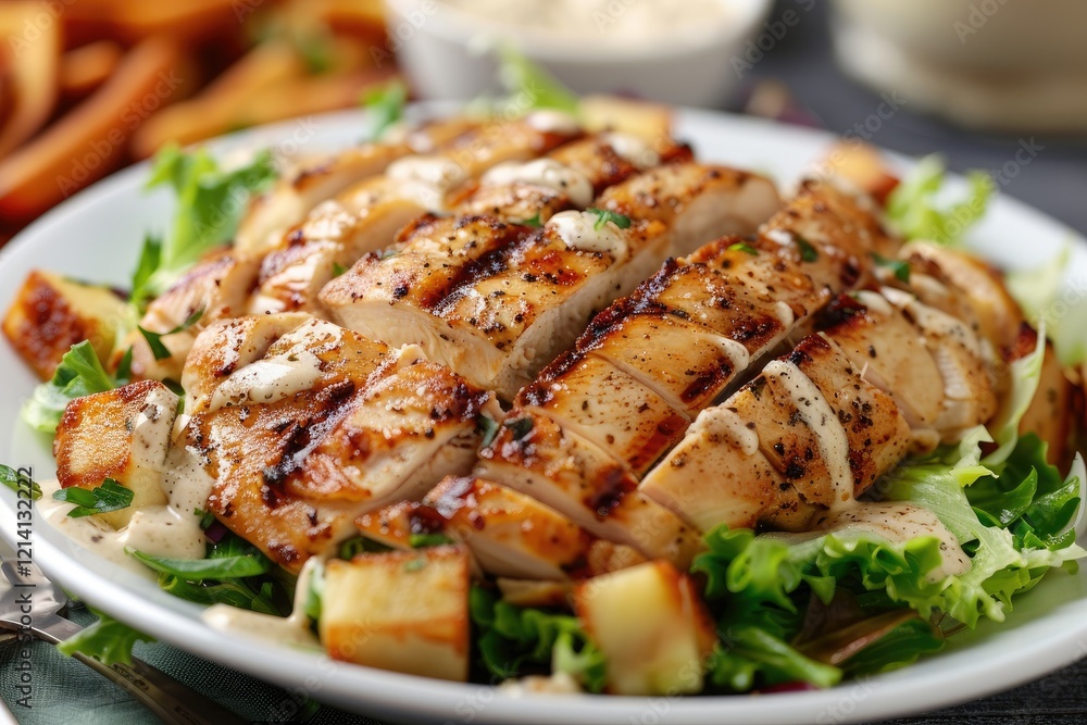 Detailed Image of Grilled Chicken Fillet on Fresh Caesar Salad Detailed Image of Grilled Chicken Fillet on Fresh Caesar Salad