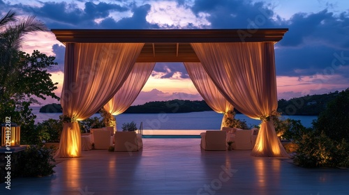 Serene sunset event at openair pavilion with flowing drapes overlooking water tranquil atmosphere evening view high fidelity imagery photo