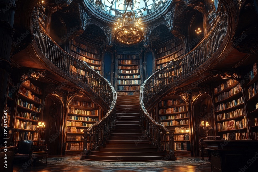 Fototapeta premium A beautifully designed library with a spiral staircase and organized books