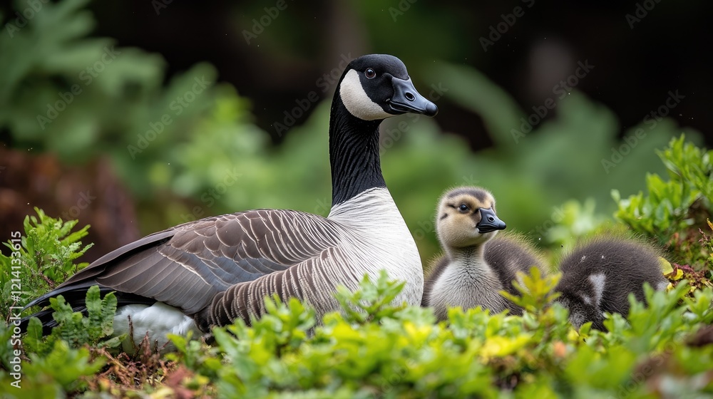 Canada goose family nesting, green foliage, park Canada goose family nesting, green foliage, park