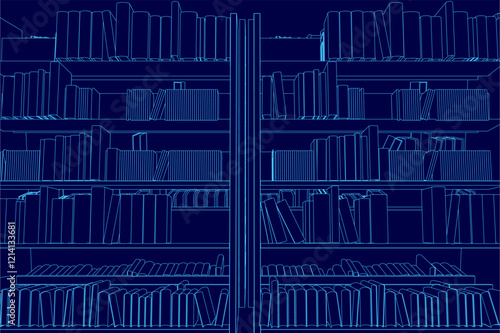 The image is of a library with shelves full of books. The books are arranged in rows and are of various sizes. The blue color of the image gives it a calm and peaceful atmosphere