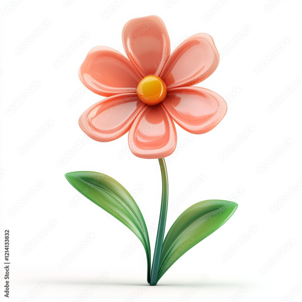 Naklejka premium 3D cartoon flower with pink petals and green leaves
