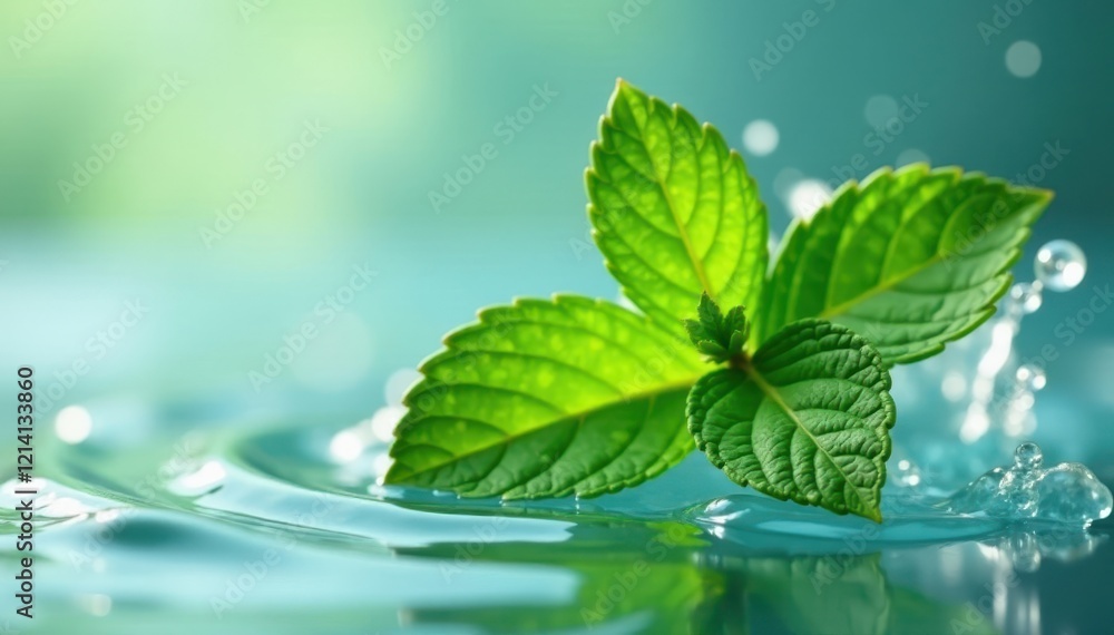 Crisp mint leaves, splashing water, clean cut , water, mint Crisp mint leaves, splashing water, clean cut , water, mint