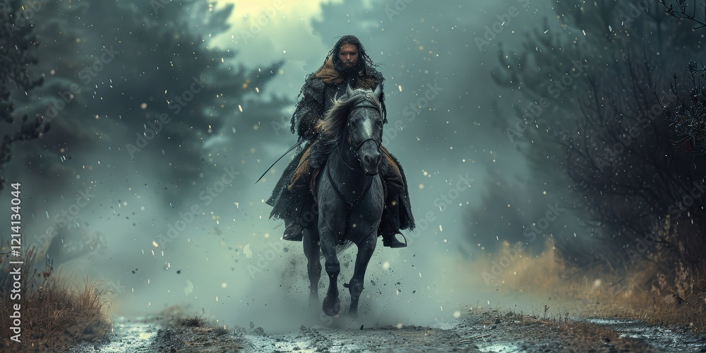 Fototapeta premium A lone rider galloping through a snowy forest.