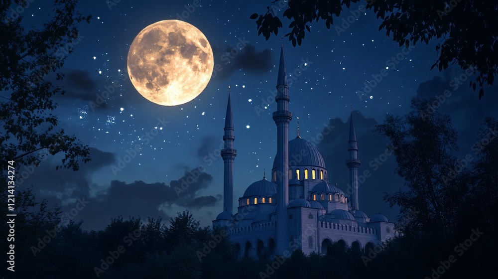 Naklejka premium Night scene of a mosque under a full moon.