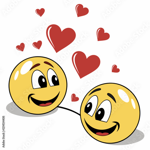 Two smiling yellow emojis are connected by a curved line, surrounded by red hearts.