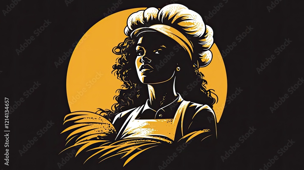 Fototapeta premium Chef, woman, portrait, bakery, silhouette, gold, background, food