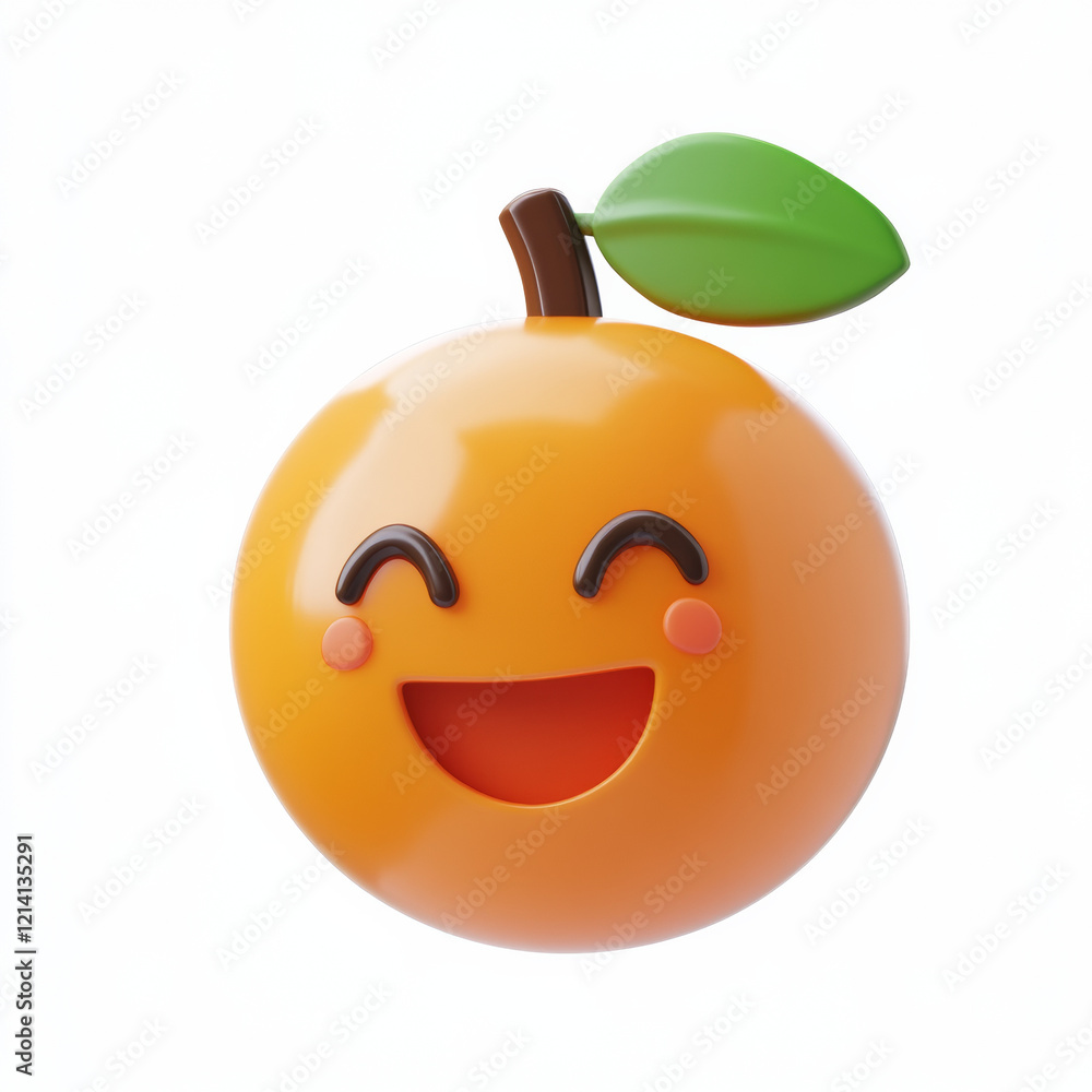 Fototapeta premium Smiling orange cartoon with leaf on top