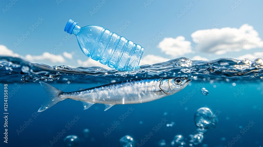 Fish Swimming with Plastic Bottle in Ocean Water Fish Swimming with Plastic Bottle in Ocean Water