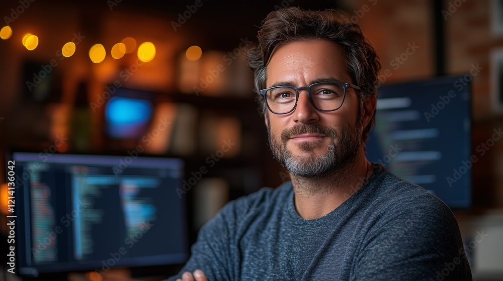 Smiling Programmer in Cozy Office with Code on Screens Smiling Programmer in Cozy Office with Code on Screens