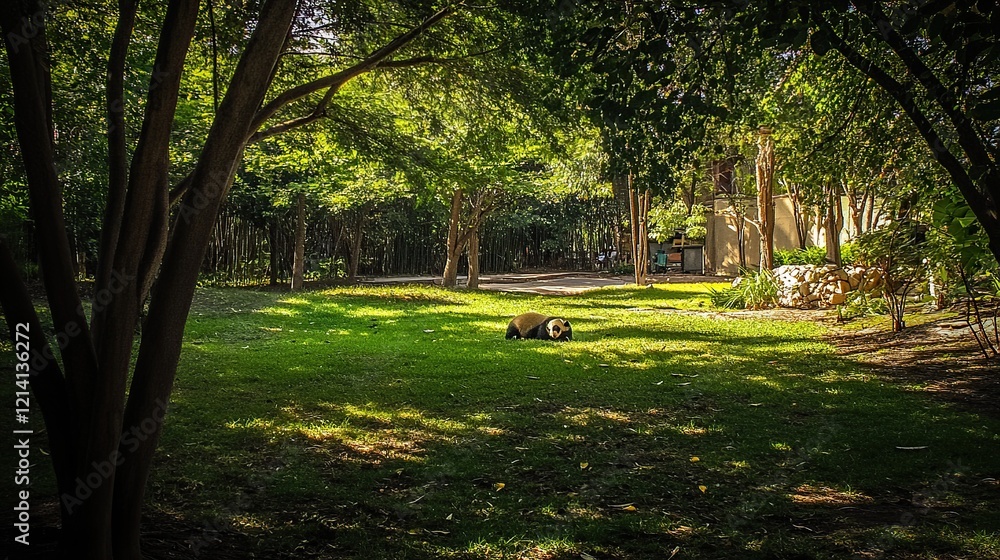 Obraz premium Panda resting in dappled sunlight on a grassy lawn surrounded by lush trees.