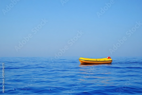 Yellow inflatable boat floats on deep blue sea under clear sky on a calm sunny day photo