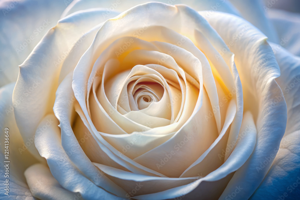Delicate petals of white rose unfold in soft layers, showcasing their velvety texture and gentle curves, evoking sense of tranquility and beauty Delicate petals of white rose unfold in soft layers, showcasing their velvety texture and gentle curves, evoking sense of tranquility and beauty