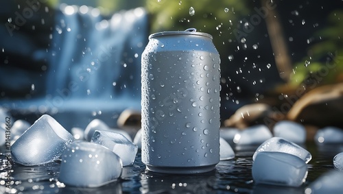 Ice-Cold Aluminum Can with Water Droplets and Ice Cubes in Front of a Waterfall, Generetive AI