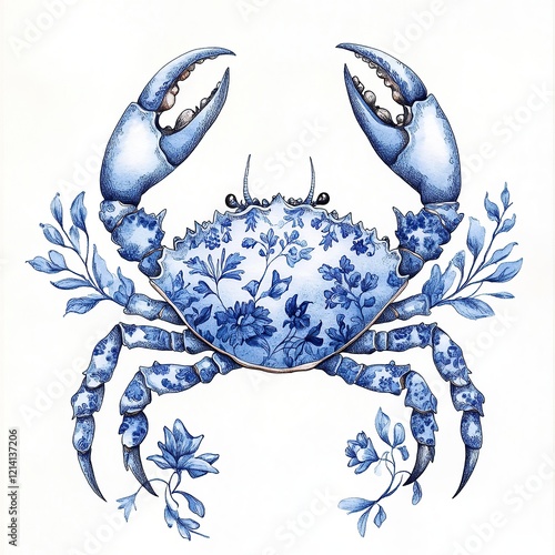 Intricate Blue Floral Crab Illustration with Detailed Botanical Patterns in the Toile De Jouy style