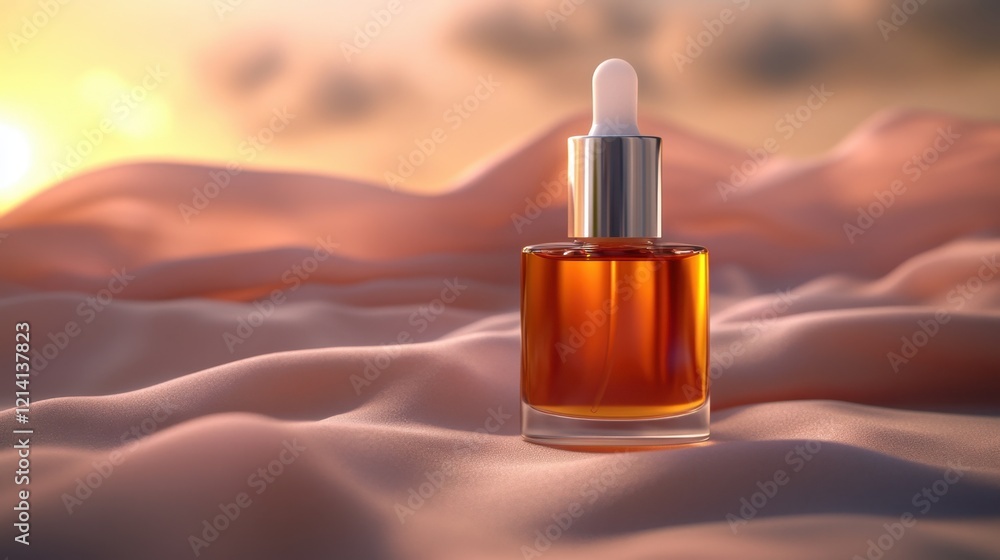 Naklejka premium Close-up of a luxurious beauty serum bottle on a soft pastel background with natural lighting