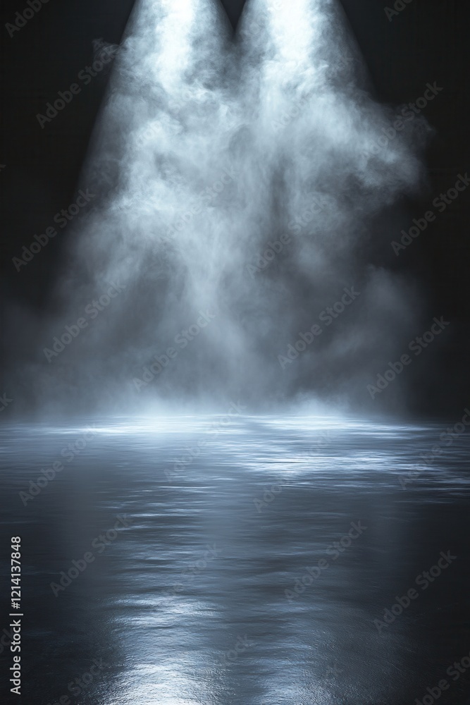 Fototapeta premium Stage light beams illuminating smoke over dark reflective floor creating dramatic atmosphere