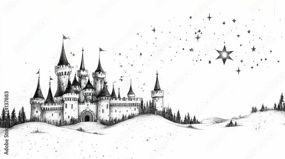Fototapeta premium Line drawing of a castle under many stars.