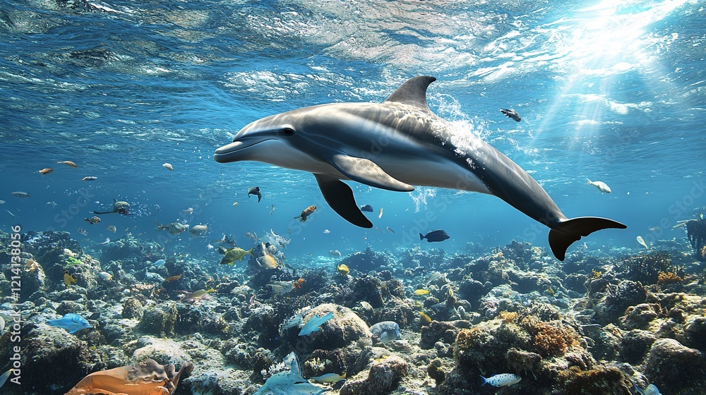 Obraz premium Dolphin Swimming in Vibrant Coral Reef Underwater Scene