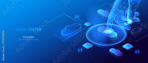 Cloud storage data transmission in isometric background. Downloading cloud application. Ai hand on futuristic service city center. Digital space. Data computing system. Vector.