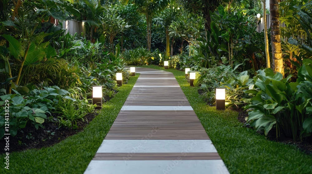 Illuminated pathway through lush tropical garden at night Illuminated pathway through lush tropical garden at night