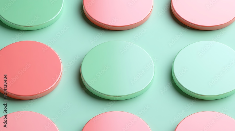 Colorful Circular Objects on a Soft Green Surface with Vivid Pastel Shades, Abstract and Minimalist Composition