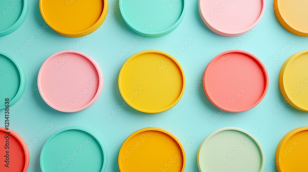 Colorful Circular Plates on Soft Background in Various Shades Arranged in Aesthetic Pattern for Decorative Use Colorful Circular Plates on Soft Background in Various Shades Arranged in Aesthetic Pattern for Decorative Use