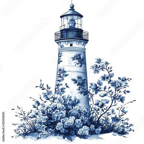 Serene Lighthouse and Blooming Blue Flowers Illustration in the Toile De Jouy style