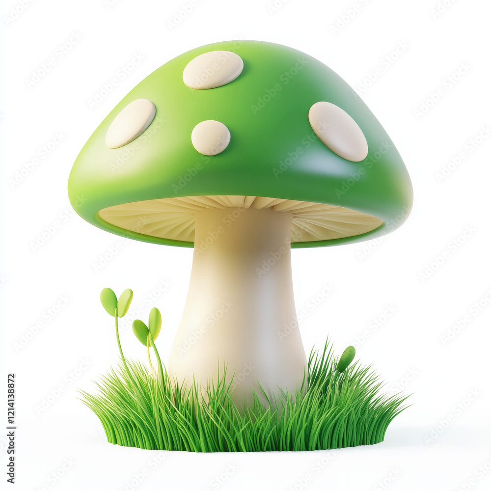 Green cartoon mushroom with grass on white background Green cartoon mushroom with grass on white background