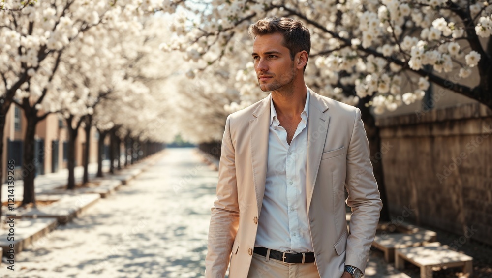 A man in lightweight casual spring wear, pastel blazer over a white shirt, walking along a cobblestone path lined with blooming trees A man in lightweight casual spring wear, pastel blazer over a white shirt, walking along a cobblestone path lined with blooming trees